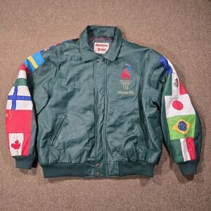Vintage American Toons Olympics Leather Jacket XL 1996 Atlanta Embroidered Flags
